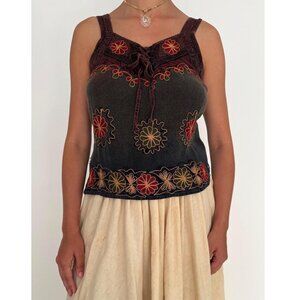 90s vintage brown boho hippy fairy floral embroidered tie up camisole crop top